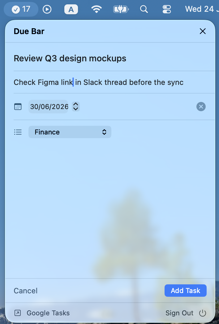 Create task form with title, notes, due date, and list picker