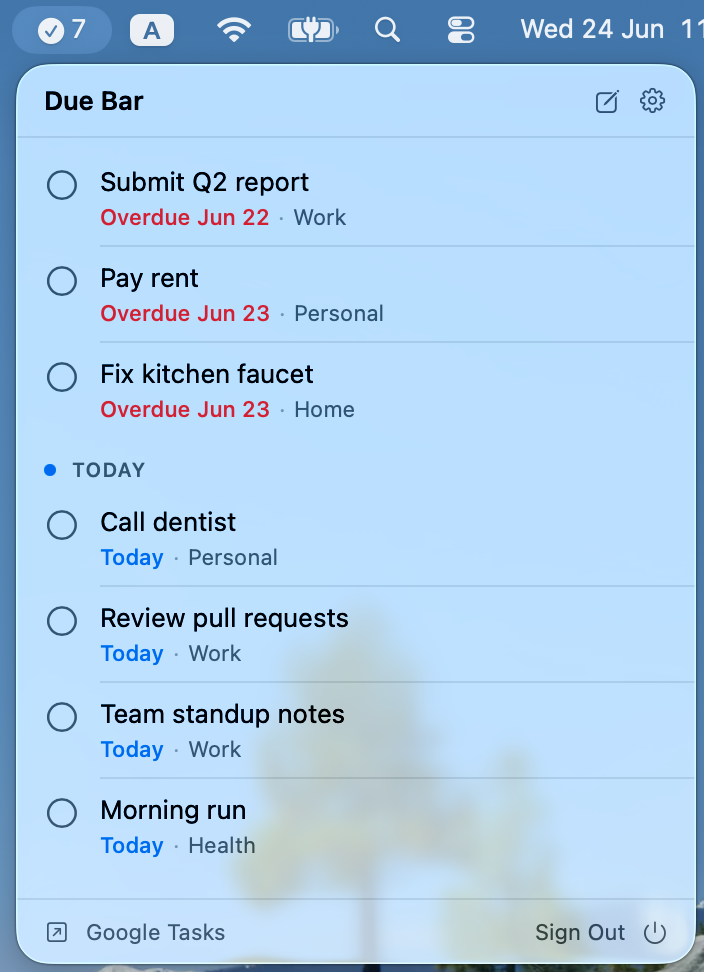 DueBar task list showing overdue and today's tasks