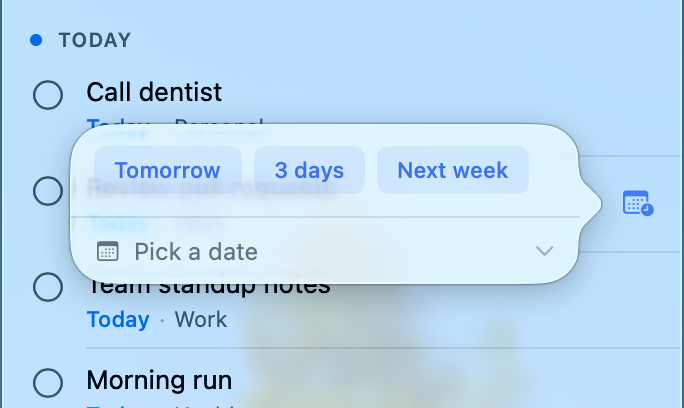 Reschedule picker with Tomorrow, 3 days, Next week options